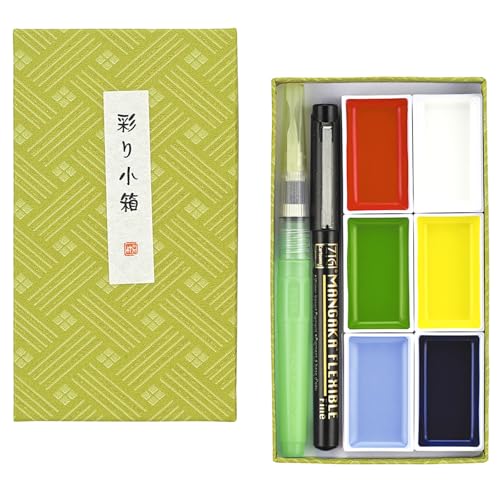 Kuretake Irodori Kobako Green Watercolor Paint Set, 6 Colors, Made in Japan | 6 rich colors, green washi box, brush pen & water brush pen, Professional Use, Artist Grade - color: Green