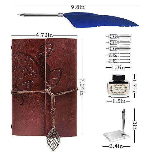 GCCL Quill Pen and Ink Set, Antique Feather Dip Calligraphy Pen Set, including Feather Pen, 5 Replacement Nibs, Pen Nib Base, Notebook, Ink, Gift Box, Best Gifts for Him Men Dad (Blue) - color: Blue
