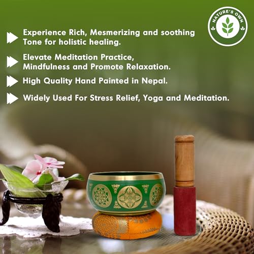 Nature's Own Tibetan Singing Bowl Set- Easy to Play- Meditation Sound Bowl Handcrafted in Nepal for Yoga, Mindfulness, Chakra Healing, Stress Relief - Spiritual Gifts (3.5 Inch, Green) - color: Geen
