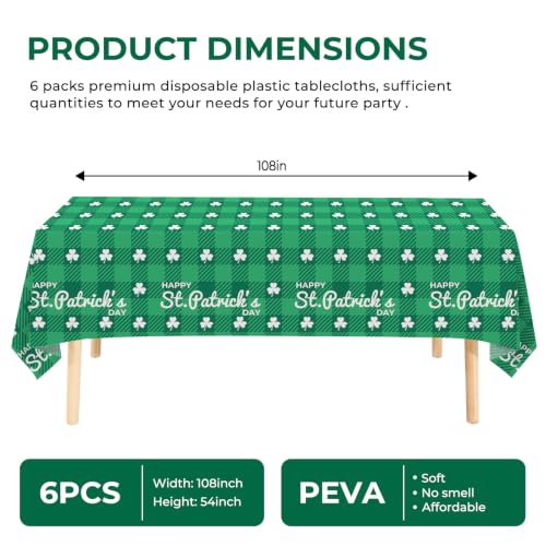 6 Pack Clover Checkered Disposable Plastic Tablecloth 54" x 108" Green Shamrock Party Table Cloths Disposable for 6 to 8 Foot Tables St Patricks Day Party Indoor or Outdoor (Clover Checkered) - color: Clover Checkered