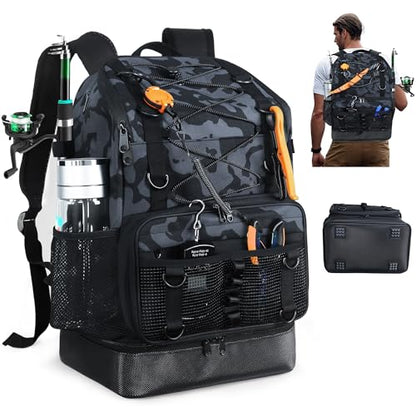 Fishing Backpack with 4 Tackle Boxes, Heavy Duty Fishing Bag with Waterproof Bottom, Tackle Backpack Gifts for Man Woman-Camo Black - color: Camo Black