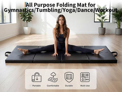 6x3 Ft Portable Four-Fold Gymnastics Mat, 2 Inch Thick Tumbling & Exercise Pad, Folding Floor Mat for Home Workouts, Yoga, Pilates, Aerobics and Martial Arts Training, Black