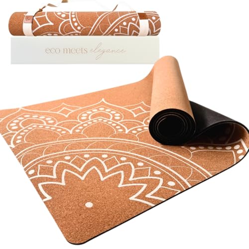 Designer Cork Yoga Mat – Signature Aesthetics on Quality Portuguese Cork with 5mm Solid Tree Rubber Base for Lasting Stability – Non Slip Grip, Odor Free and Non Toxic - color: Offset Mandala