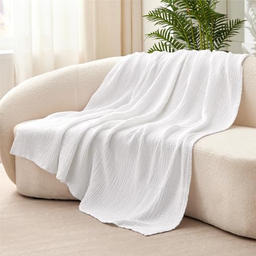 100% Cotton Muslin Blanket 50" x 60", Breathable and Lightweight Cotton Throw Blankets for Couch, Soft Cooling Summer Gauze Blanket for Adults All Season, White - color: 02 - White, size: Throw(50" X 60")