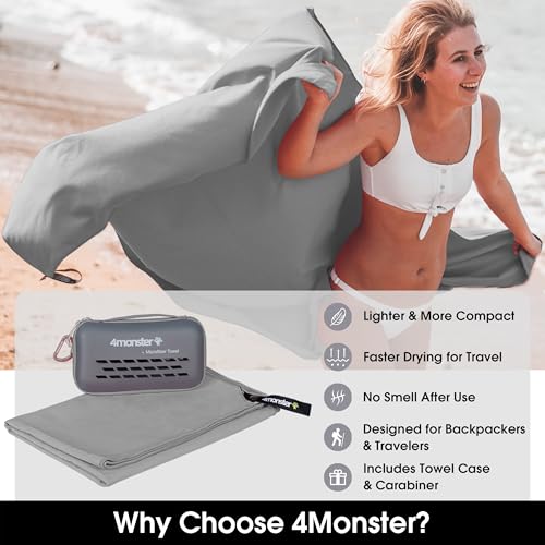 4Monster Quick Dry Travel Towel with Case & Carabiner – Super Absorbent Microfiber Gym & Camping Towel. Compact, Lightweight, Fast Drying for Beach, Swimming, Hiking, Backpacking - color: Gray, size: 59.00" x 30.00"