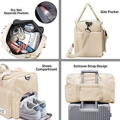 Suruid Gym Bag with Shoe Compartment, Sports Duffle Bag for Women, White - color: White