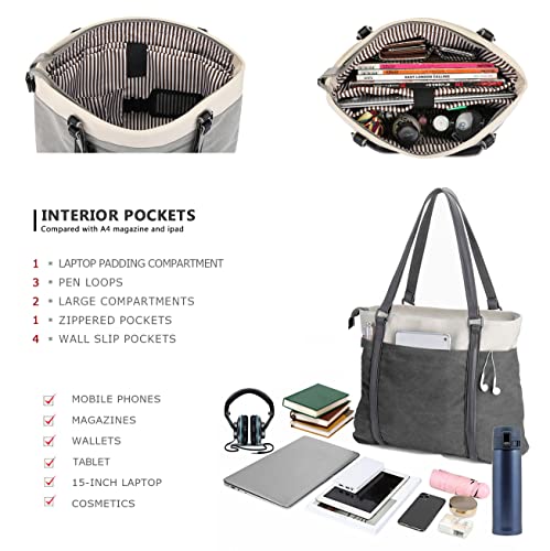 Laptop Tote Bag for Women, 15.6 Inch Work Bag with Laptop Compartment and Zipper, Canvas Computer Tote for Teacher - color: 다크그레이