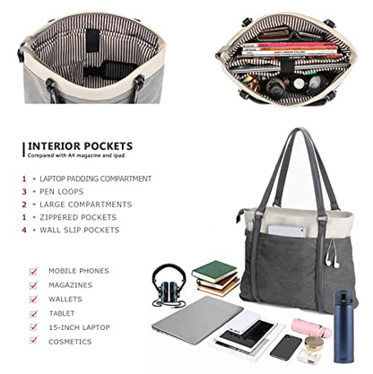 Laptop Tote Bag for Women, 15.6 Inch Work Bag with Laptop Compartment and Zipper, Canvas Computer Tote for Teacher - color: 다크그레이