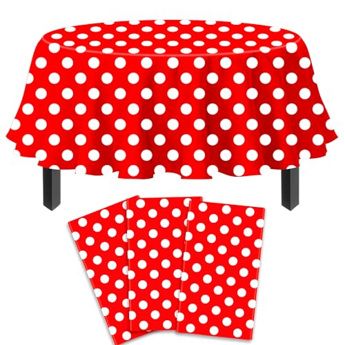 3 Pack Red and White Polka Dots Tablecloth Red Round Table Cover with White Polka Dot Round Plastic Table Cloth 84 in Round for Kitchen Dining Wedding Party