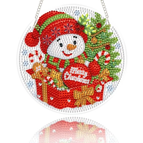 Eiflow Glass Diamond Art Hanging Kit for Adults Christmas, DIY Stained Glass Diamonds Painting Door Hanging Board Kit, Crystal Diamond Art Painting Pendant Ornament Full Drill - color: Snowman