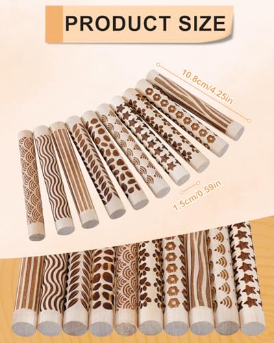 eZAKKA Pattern Rolling Pin for Pottery Ceramics and DIY Handcrafts 5 Pcs | 4.3 Inch Wooden Clay Texture Rollers Set for Embossing Modeling and Crafting - size: 5