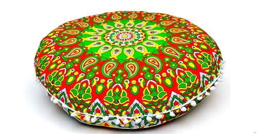 CRAFT KALA 22" Round Mandala Comfort Meditation Floor Pillow Cover, Large Pillows Seating Cover for Adults, Cushions Cover for Outdoor Yoga Fireplace Living Room Ottoman Cover Green Red Flower - color: Green Red Flower