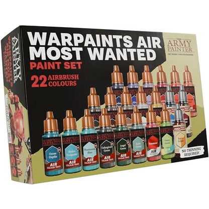 The Army Painter, Warpaints Air Most Wanted Paint Set, 22 x 18 ml | 19 Acrylic Airbrush Paints, incl. 2 Metallics, 1 Fluorescent, 1 Medium & 3 Speedpaints - For Models and Miniature Painting - color: Air Most Wanted Set