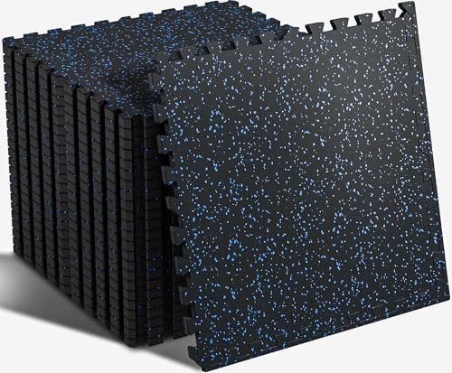 SUPERJARE 0.56'' Thick 48 Sq Ft Rubber Top Gym Flooring for Home Gym | High Density Gym mat with Upgraded Rubber Top, 12 Pcs Interlocking EVA Foam Exercise Equipment mat, Workout Mat, Black/Blue - color: Black/Blue, size: 12 Tiles (48 Sq Ft)