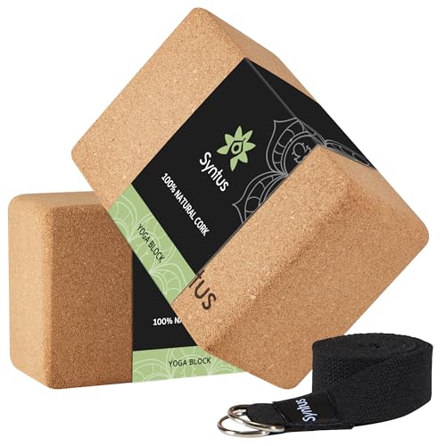 Syntus Yoga Block & Strap Set for Fitness, Pilates, Stretching and Toning | Natural Cork, EVA, 9×6×4 in, Eco-Friendly, Strong Support, Easy to Grip, Anti-Slip, Yoga, Pilates, Stretching Use - color: Cork