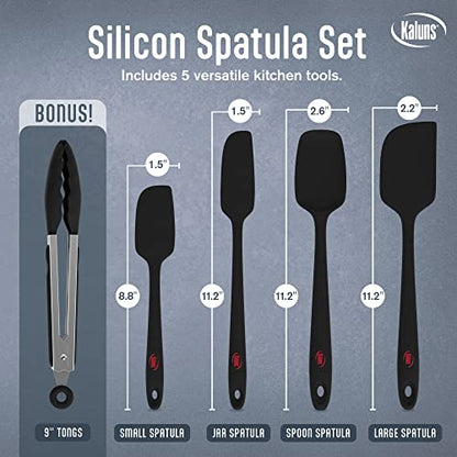 Kaluns Silicone Spatula Set, 4 Rubber Spatulas 600°F Heat Resistant, Nonstick Seamless Design with Stainless Steel Core, Dishwasher Safe, BPA free, Bonus Tongs Included - color: 4 Pcs + Tongs Black