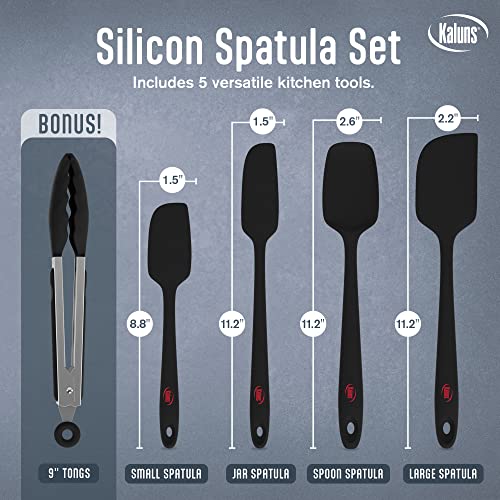 Kaluns Silicone Spatula Set, 4 Rubber Spatulas 600°F Heat Resistant, Nonstick Seamless Design with Stainless Steel Core, Dishwasher Safe, BPA free, Bonus Tongs Included - color: 4 Pcs + Tongs Black