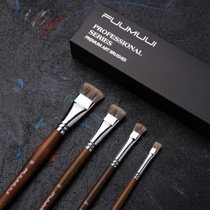 Fuumuui Professional Paint Brush Set, 4Pcs Natural Badger Hair with Flat Shape Blending Mop Oil Paint Brushes for Acrylic Painting Oil and Gouache - style: Flat