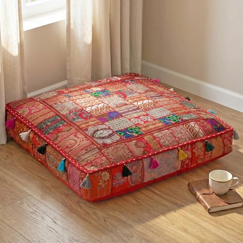 THE ART BOX Cotton Patchwork Vintage Boho Embroidered Floor Pillows & Cushion Cover Dog Pouf Seating Pouf Meditation Pillow Pet Bedding Cat Bed Boho Home Décor (35x35 Inches, Cover Only) - color: Red