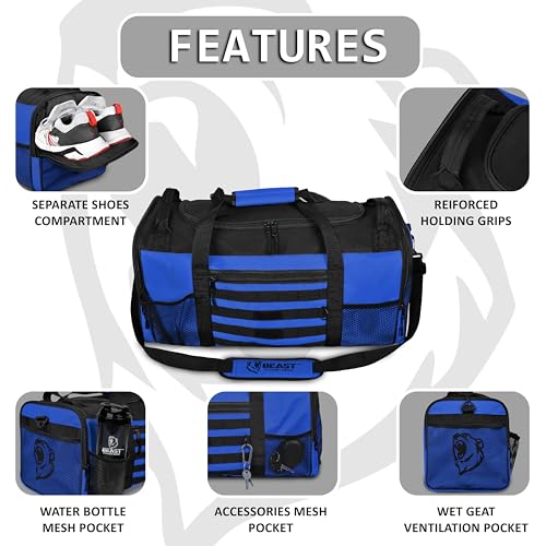 Beast Power Gear Gym Duffle Bag- Workout, Boxing, MMA, Sports Bag with Shoes Compartment and Adjustable Shoulder Strap for Men and Women (Blue/Black) - color: Blue/Black