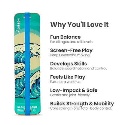 GIBBON SlackBoard, Balance Board Kids & Adults, Slackline Balance Trainer - color: Waves with Stand