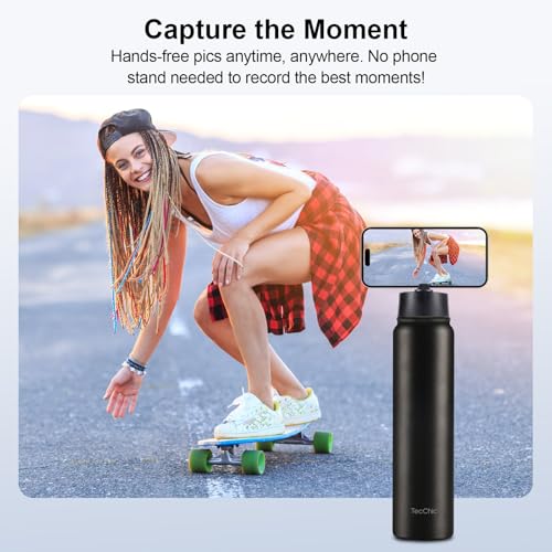 Insulated Water Bottle with Magnetic Phone Holder Compatible with MagSafe and iPhone,Double-Sided Magnet,Hot 12H Cold 24H,Stainless Steel Water Bottle Phone Mount for Sports Travel,24oz (Black) - color: Black