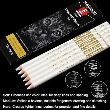 KALOUR White Charcoal Pencils Drawing Set, Professional 6 Pieces White Sketch Pencils for Drawing, Sketching, Shading, Blending, Chalk for Beginners & Artists - style: 6 White Charcoal Pencils