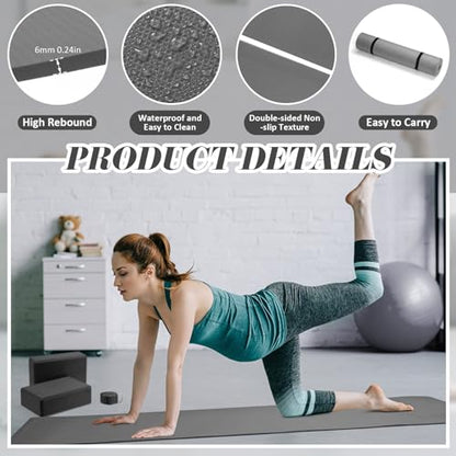 Liliful 10 Pcs Yoga Starter Kit Include 6mm Yoga Mat with Carry Strap, 2 Blocks, 65cm Pilates Ball, Stretch Strap, 5 Resistance Bands with Air Pump Home Workout Set for Beginners Women Men Gym - color: Gray