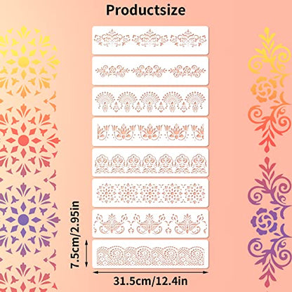 Prasacco 8-Piece Flower Border Stencils - Ornate Mandala Stencils for Painting on Wood, Canvas, Paper, Fabric, Cake, Wall