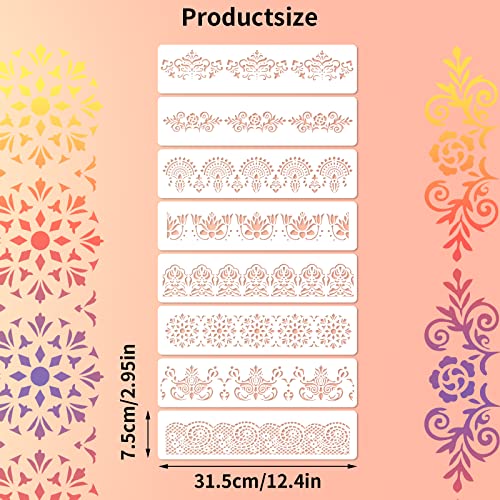 Prasacco 8-Piece Flower Border Stencils - Ornate Mandala Stencils for Painting on Wood, Canvas, Paper, Fabric, Cake, Wall