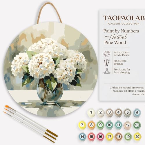 Floral Bouquet Paint by Numbers Kit for Adults on Wood Board – DIY White Hydrangeas in Glass Vase Wood Craft Painting Kit, 12 in Round, Acrylic Paint Set, Beginner-Friendly, Relaxing Home Decor Gift - color: TCXY04889