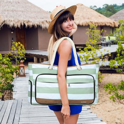 Beach Bag for Women - 35L Large Tote Bag, Waterproof & Sandproof, Zippered Carry On Bag for Pool, Beach & Travel - color: Green Striped