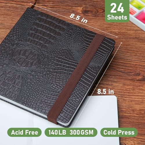 Watercolor Journal 8.5"x8.5" - 100% Cotton, 24 Sheets 48 Pages, 140LB/300GSM Cold Press, with Inner Pocket and Wide Elastic Band - Perfect for Watercolor, Gouache, Acrylic, Ink & Mixed Media - color: Dark Blown