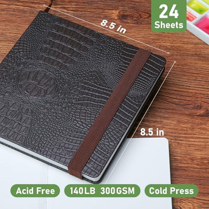 Watercolor Journal 8.5"x8.5" - 100% Cotton, 24 Sheets 48 Pages, 140LB/300GSM Cold Press, with Inner Pocket and Wide Elastic Band - Perfect for Watercolor, Gouache, Acrylic, Ink & Mixed Media - color: Dark Blown