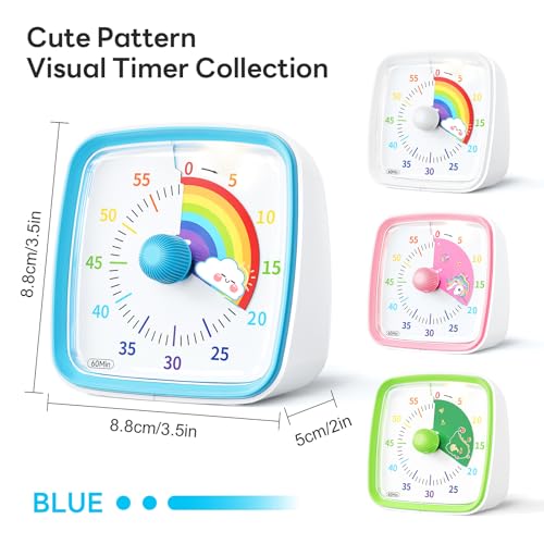 Yunbaoit Visual Timer with Night Light, 60-Minute Rainbow Countdown Timer for Kids and Adults, Time Management Tool for Home, School, Kitchen, or Office (Blue) - color: Blue-rainbow