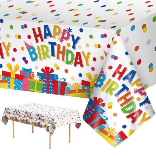 3 Pack Polka Dot Birthday Party Tablecloth - Happy Birthday Table Decorations, Disposable Plastic Colorful Rainbow Dots Party Tablecovers for Kids Adults Indoor Outdoor Party Supplies, 54 x 108 Inches - color: Birthday