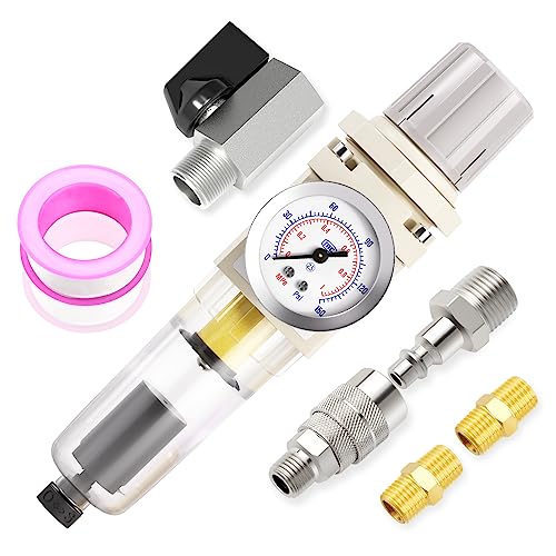 MEANLIN Air Compressor Moisture Filter, Automatic Drain Air Line Filter AW2000-02D, 1/4" NPT Inlet with 150 PSI Gauge and Valve Shut Off Switch for Air Tools and Spray Paint Gun - color: Auto Drain, size: 1/4"NPT