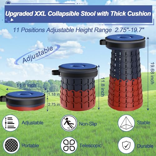 ALEVMOOM Upgraded XXL 19.7" Collapsible Stool with Cushion, Heavy Duty Portable Folding Stool Max Load 1000 lbs, Retractable Telescoping Foldable Seat Chair for Camping Fishing Travel - color: Navy Red