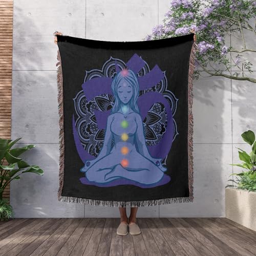 3dRose Blue and Purple Mandala with Yoga Person Woven Blanket