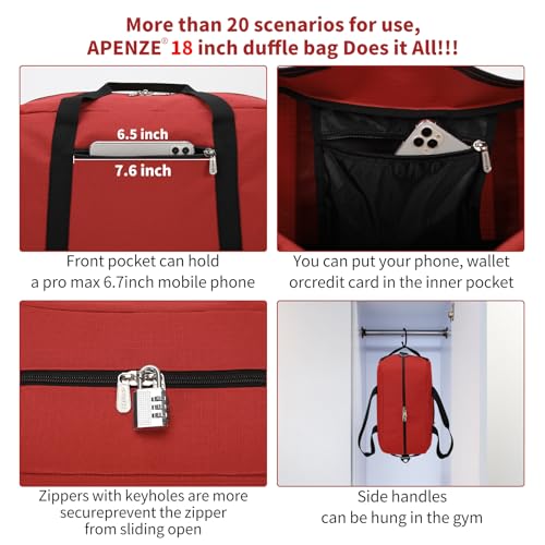 Apenze Small Gym Bag 18 inch Carry On Duffel Bag for Weekender Travel - Red - color: Red, size: 18inch