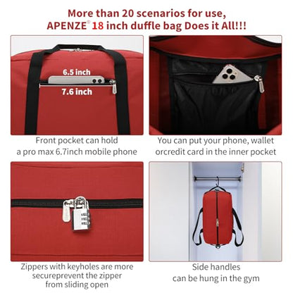 Apenze Small Gym Bag 18 inch Carry On Duffel Bag for Weekender Travel - Red - color: Red, size: 18inch