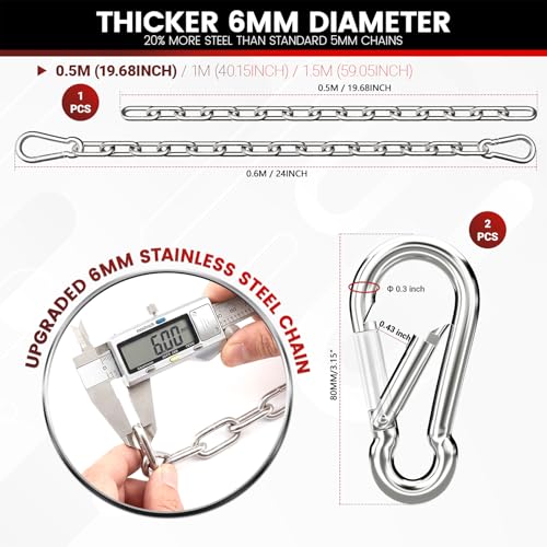 sprookber 25" Hanging Swing Chain,1000 lb Capacity,6 mm 304 Stainless Steel | Hardware Kit with 2 Carabiner for Hammock Chair, Porch Swing, Punching Bag, Aerial Yoga, Tire Swing, Gym, Tree,Indoor,Outdoor - color: Silver, size: 1 PACK 25inch