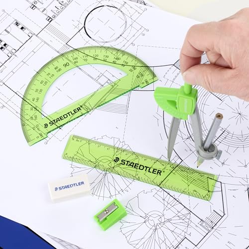 STAEDTLER Student Math Set - Essential School Supplies with 6-Piece - Compass, 6in Ruler, 180° Protractor, Pencil, Eraser & Sharpener in Zippered Storage Pouch