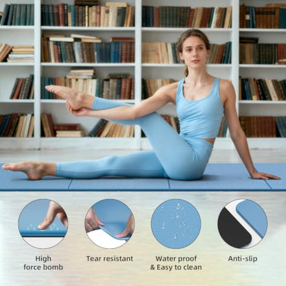 Foldable TPE Yoga Mat Thick 10mm,75" x40"Extra Large Exercise Mats | Stretch Mat Non-slip Fitness Folding Mat Easy to Carry,Wide Gym Mats for Women Men Suitable for Home Workout Travel Pilates - color: Blue