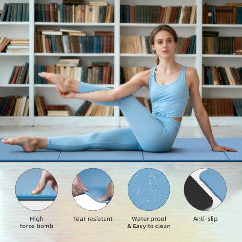 Foldable TPE Yoga Mat Thick 10mm,75" x40"Extra Large Exercise Mats | Stretch Mat Non-slip Fitness Folding Mat Easy to Carry,Wide Gym Mats for Women Men Suitable for Home Workout Travel Pilates - color: Blue