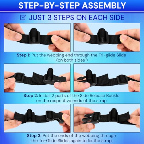 TECEUM 3/4" Nylon Strap Kit with Buckles, Black 6 yards Repair Set | Heavy duty hardware kit: 6yd webbing, 6 quick release buckles, 12 tri-glide slide clips, 6 metal D-rings for crafting. - color: Black, size: 3/4" - 6 yards, style: 6 Buckle - 12 Slides -