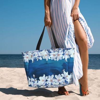Large Beach Bag for Women Waterproof Foldable Travel Shoulder Tote Bag with Pocket for Weekender Pool Vacation - color: Magnolia Blue