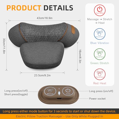 3-in-1 Neck Massager Pillow with Heat & Traction, Deep Tissue Cervical Traction Device for Neck Hump Corrector, Shoulder & Upper Back Pain Relief, Relaxing TheraPillow Support