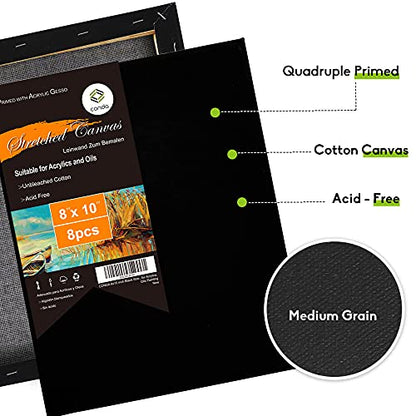 CONDA Black Stretched Canvas 8x10 inches, 8 Pack Canvases for Painting, 100% Cotton, Blank Canvases, 8 oz Gesso-Primed, 5/8 Inch Profile Art Canvas Value Bulk Pack for Acrylics, Oils Painting - size: 8"x10" 8 Pack