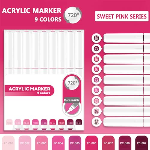 Water Based Acrylic Paint Markers Pink, 9 Colors Paint Pen Set | Sweet Pink Series, Soft Brush Tip, Smooth Writing, Marker Pen for Rock Painting, Egg, Wood, Glass, Mugs, Black Paper - color: Sweet Pink Series